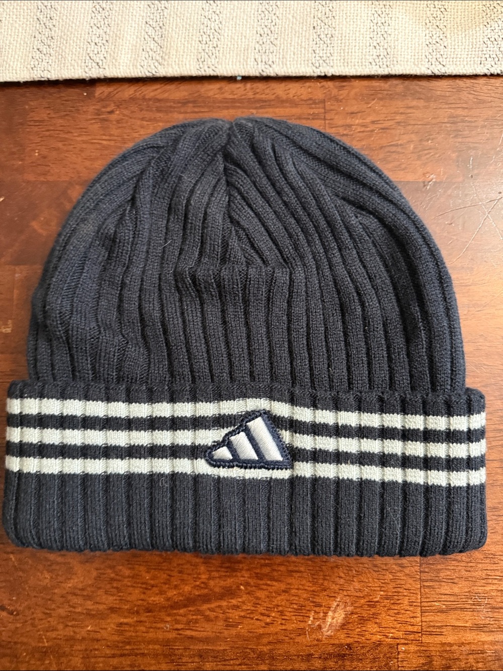 adidas Black Ribbed Knit Beanie with White Stripe Accents